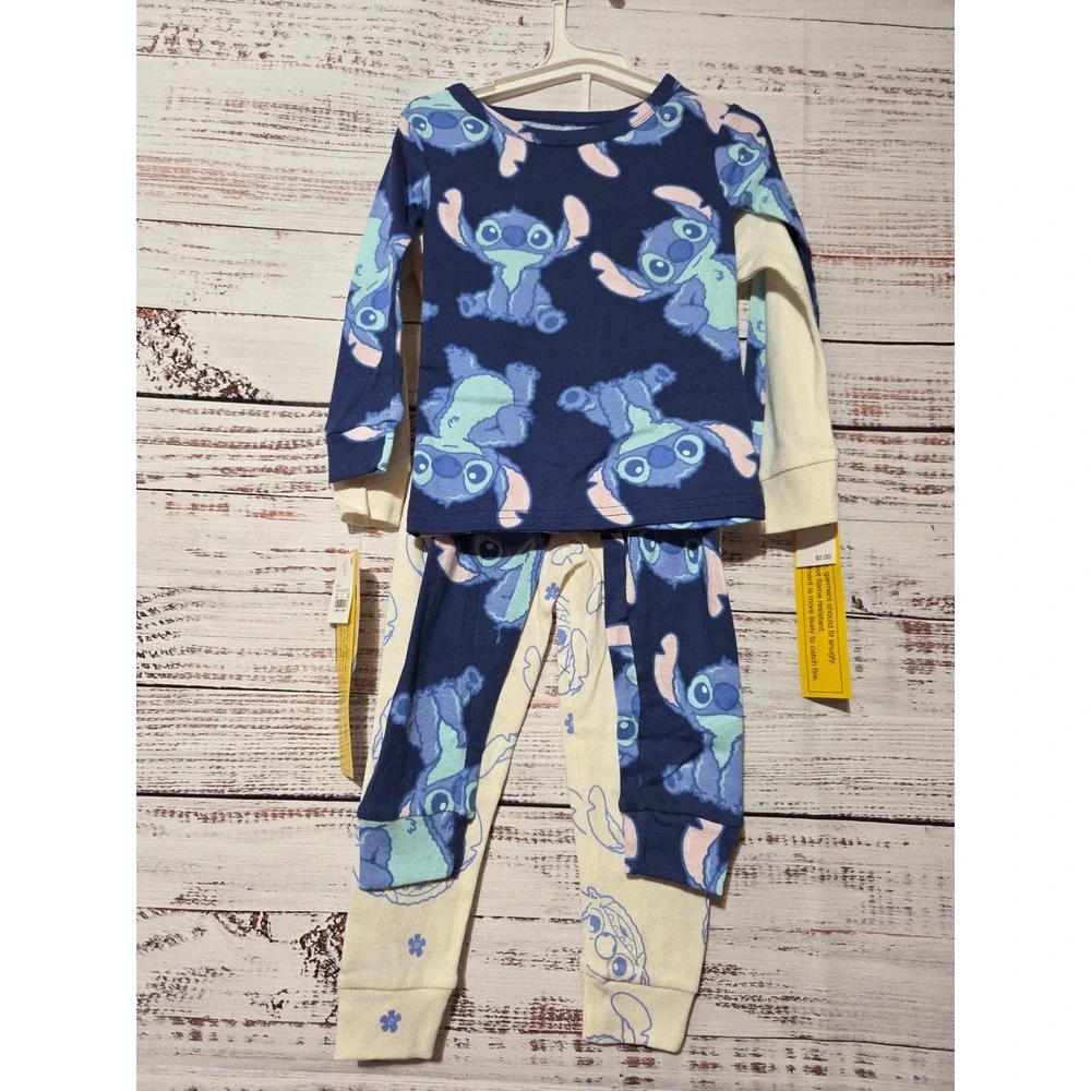 Disney Lilo & Stitch 4-Piece Pajama Set 3T Cotton Long Sleeve Navy Cream